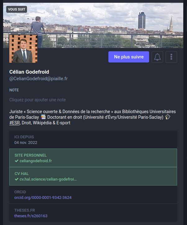 Capture d'écran de mon profil Mastodon, avec les URL de mon site personnel et de mon CV HAL étant vérifiés